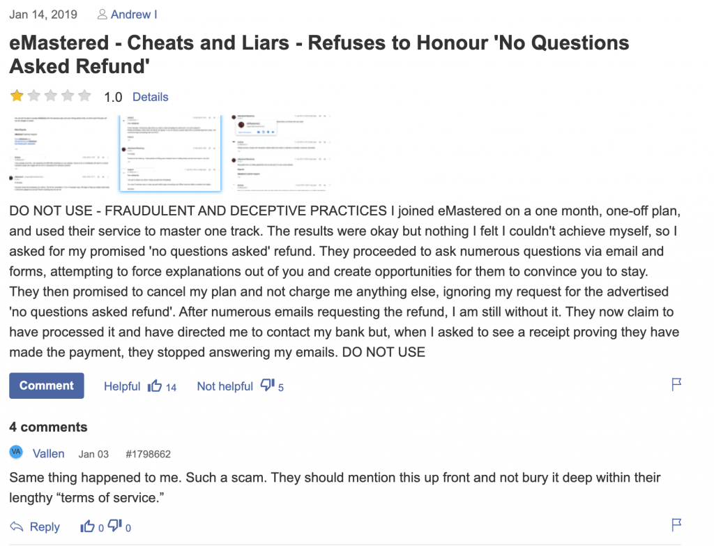 One-star review titled 'eMastered - Cheats and Liars - Refuses to Honour No Questions Asked Refund' describing a customer who mastered one track, requested the advertised no-questions-asked refund, was asked numerous questions instead, and never received the money.