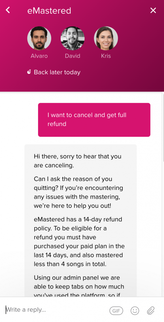 eMastered support chat where the customer asks to cancel and get a full refund, and the agent explains the 14-day refund policy requires having purchased within the last 14 days and mastered fewer than 4 songs in total.