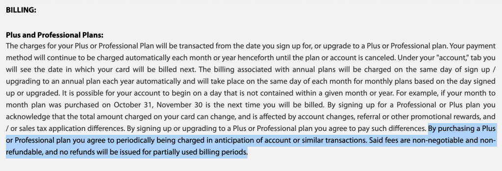 Highlighted eMastered billing terms stating that Annual Plus and Annual Professional accounts are billed immediately and are not refundable, and that no refund will be issued for partial years or partial months in the case of cancellation or downgrade.
2