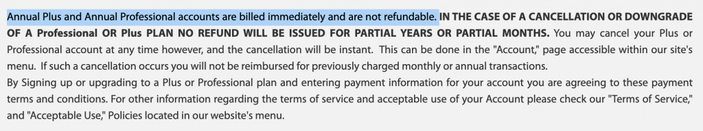 Highlighted eMastered billing terms stating that Annual Plus and Annual Professional accounts are billed immediately and are not refundable, and that no refund will be issued for partial years or partial months in the case of cancellation or downgrade.