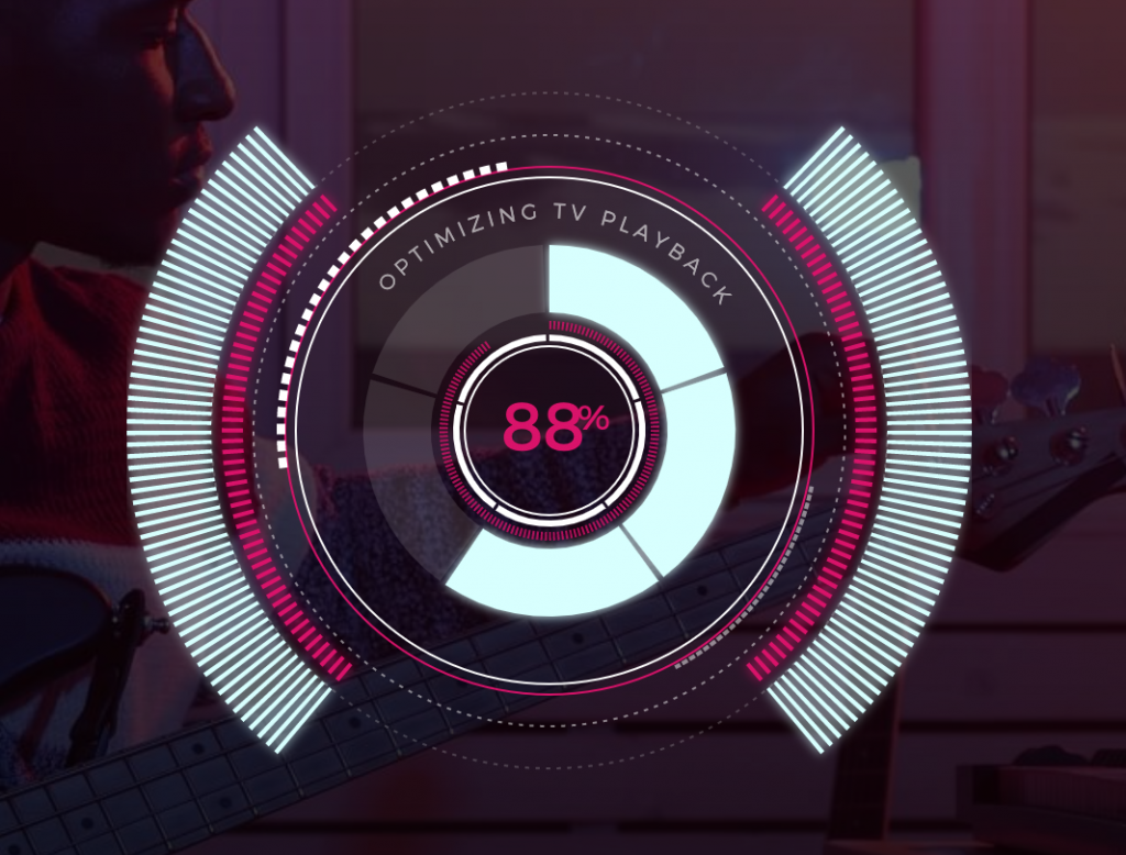 eMastered processing animation showing a circular progress graphic at 88 percent with the caption 'Optimizing TV Playback' overlaid on a photo of a musician playing bass guitar.
