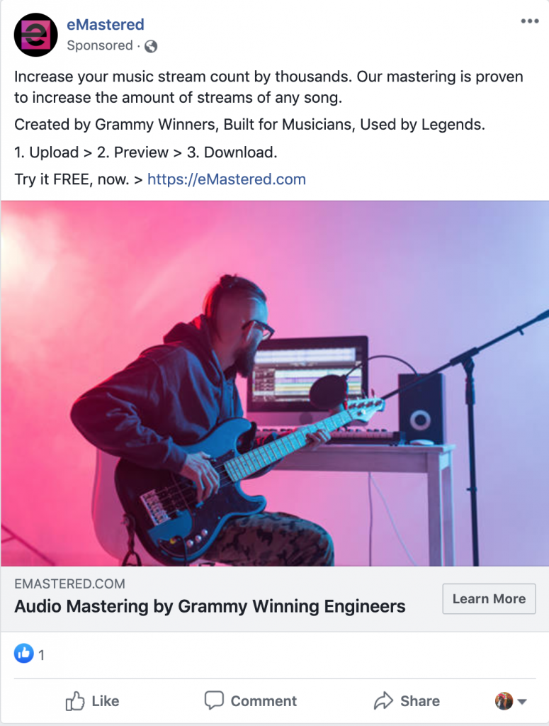 Sponsored Facebook ad from eMastered claiming 'Increase your music stream count by thousands. Our mastering is proven to increase the amount of streams of any song' with the tagline 'Created by Grammy Winners, Built for Musicians, Used by Legends.'