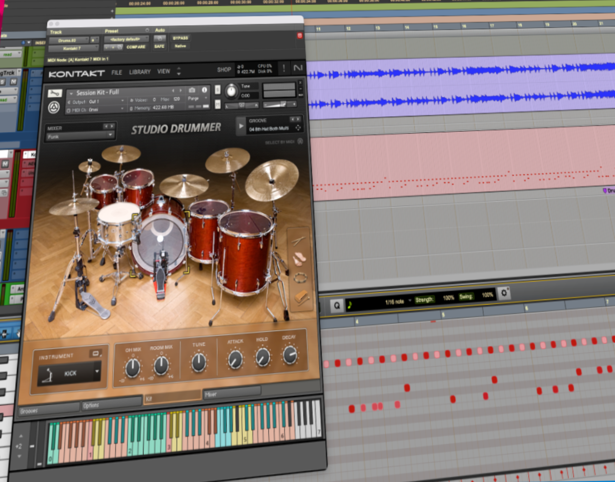 Kontakt Studio Drummer plugin open over a DAW MIDI editor showing programmed drum notes